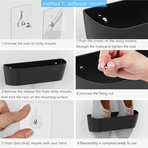 Vista 4 de Zapatero montado en la pared, paquete de 4 con tiras adhesivas para colgar, organizador de almacenamiento de plástico para zapatos, perchas