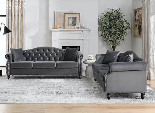 Vista 9 de Sofá Chesterfield de terciopelo gris de 79 pulgadas para sala de estar, 2 piezas, sofá de 3 plazas, con botones copetudos, respaldo curvado, brazos