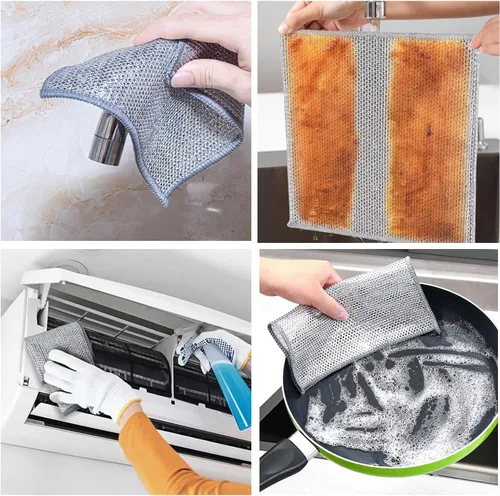 Vista 2 de 5 paños de limpieza de alambre de acero inoxidable de doble capa para cocina No raya, secado rápido, alambre metálico, 7.9x7.9 in, dos capas