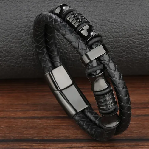 Vista 3 de Long tiantian Pulsera envolvente de cuero para hombres, pulseras de cuero multicapa punk de cuero trenzado para novio, marido, regalos, otro