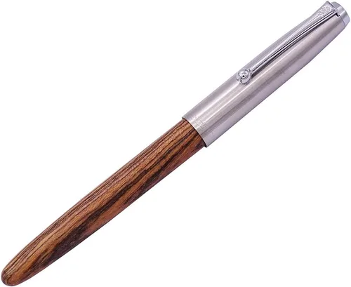 Vista 2 de Pluma estilográfica retro Jinhao de madera Tiger-Texture-Wood de acero inoxidable tapón extra fino 0.015 in suave tinta bolígrafo