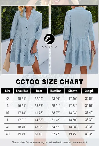 Vista 5 de CCTOO - Vestido de verano para mujer - Vestido camisero informal con cuello en V, manga 34y botones, estampado floral, suelto y fluido