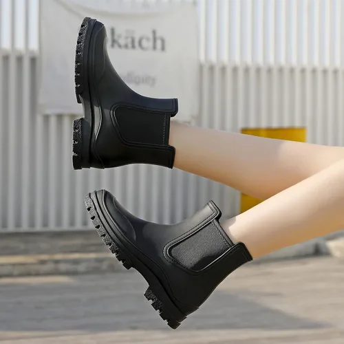 Vista 6 de Botas de lluvia para mujer, cómodos botines elásticos para adultos, botas Chelsea de tacón medio a la moda, impermeables, antideslizantes, suela