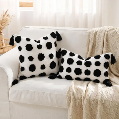 Vista 5 de PANOD Fundas decorativas de cojín de estilo casa de campo súper suaves y mullidas, 16 x 16 pulgadas, color negro, con pompones sólidos, mechones