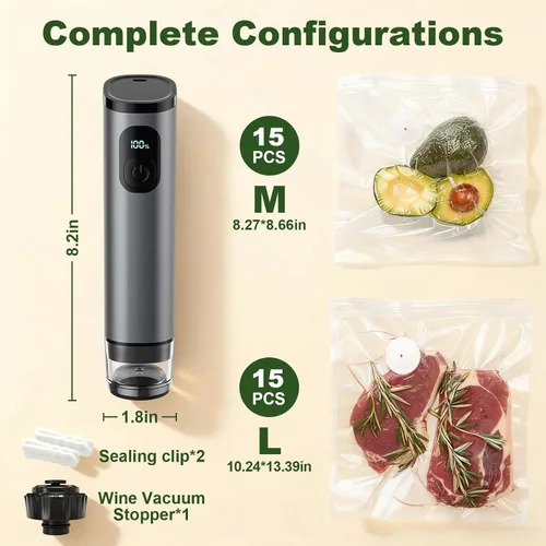 Vista 6 de Sellador al vacío de mano de metal premium, sellador al vacío para alimentos con pantalla de potencia y tanque desmontable, succión fuerte de 60 Gris