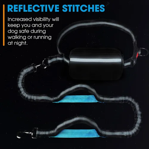 Vista 6 de Correa de perro manos libres con cinturón – Bungee sin tirones, asas acolchadas dobles y bolsa con cremallera para correr, caminar y entrenar – Negro