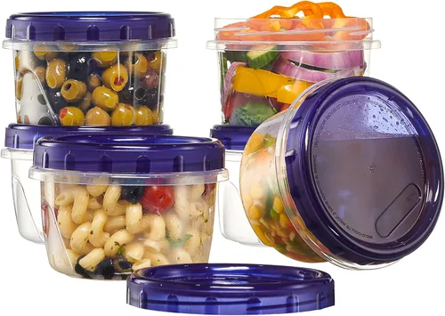 Vista 13 de PLASTICPRO Paquete de 6 Recipientes de Almacenamiento de Alimentos con Tapa Giratoria con Tapa Azul Atornillable - Recipientes Reutilizables de 4 oz