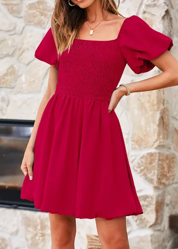 Vista 6 de KIRUNDO Vestido corto de verano para mujer, cuello cuadrado, manga abombada, hombros descubiertos, volantes, acampanado, con volantes