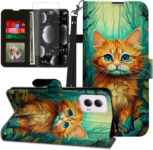 Vista 118 de Funda para Motorola Edge 2022 con protector de pantalla, soporte y tarjetero y correa para la muñeca, funda magnética para Moto Edge 2022 5G UW Lobo