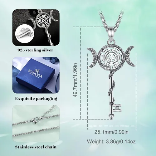 Vista 16 de EUDORA Collar de plata de ley 925 con moneda Hécate, Athena, Perséfono, Nyx, diosa de la luna triple, diosa celta, rueda de Hécate, llave, regalo