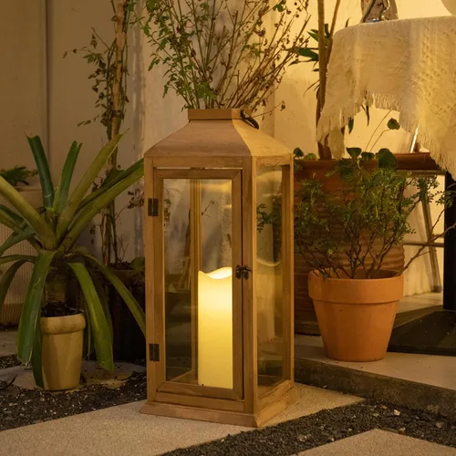 Vista 4 de Bdor Paquete de 2 faroles de madera para exteriores de 22.5 pulgadas para porche, solo farol Cristal templado, puerta delantera, farol decorativo