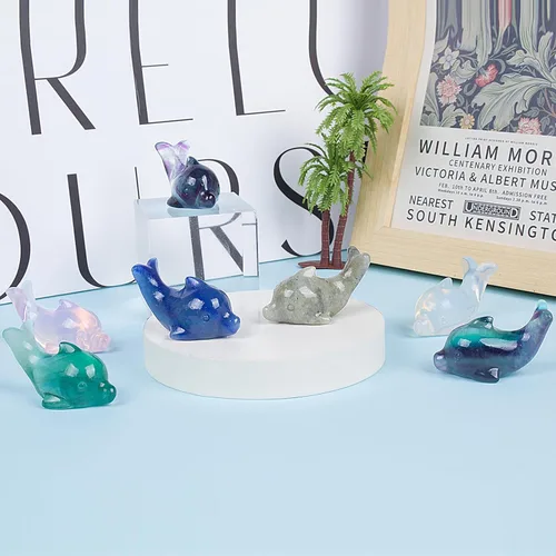 Vista 4 de Figura de delfín de cristal de aventurina azul, tallada a mano, 1.8 pulgadas, escultura de animal pulida, piedra curativa, meditación, decoración