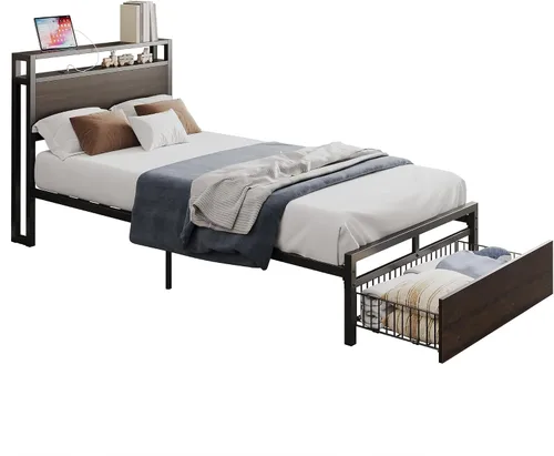 Vista 8 de LIKIMIO - Marco de cama individual con cajón y estación de carga, color marrón oscuro 2-Tier Storage Headboard with Metal Construction Frame, No