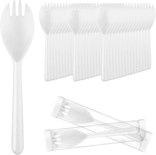 Vista 8 de EUSOAR Tenedores y cucharas desechables a granel, 50 piezas de plástico de 5.5 x 1.2 pulgadas, cucharas de tenedor de servicio de cubiertos