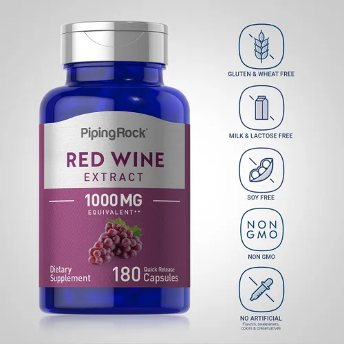 Vista 3 de Piping Rock Cápsulas de extracto de vino tinto 180 unidades Suplemento sin OMG, sin gluten