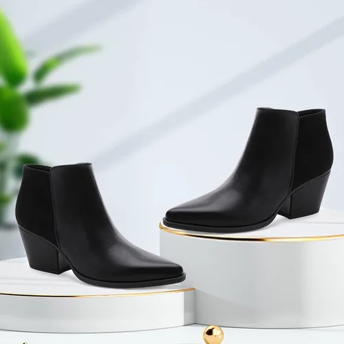 Vista 7 de CentroPoint Botines de cuero con tacón de bloque para mujer, puntera puntiaguda, con cremallera lateral