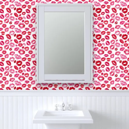 Vista 9 de Spoonflower Papel tapiz para despegar y pegar - Love Lips Red Valentine Beauty Lipstick Besos Acuarela Día de San Valentín Femenino Maquillaje Papel