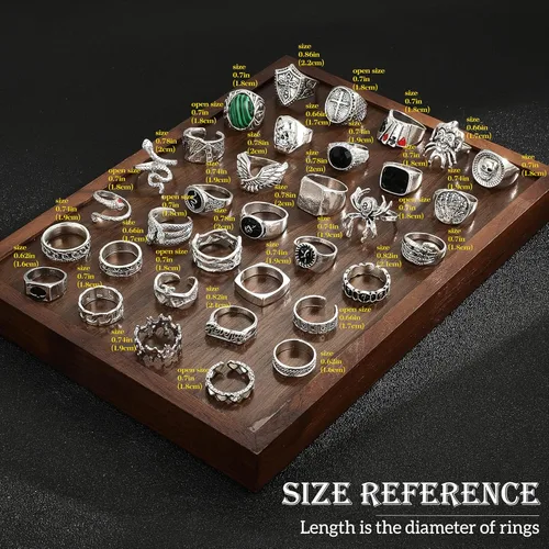Vista 6 de Juego de 34 anillos punk plateados vintage para mujeres y hombres, con sello gótico, apilables, calavera, póquer, nudillos, juego de 34 piezas