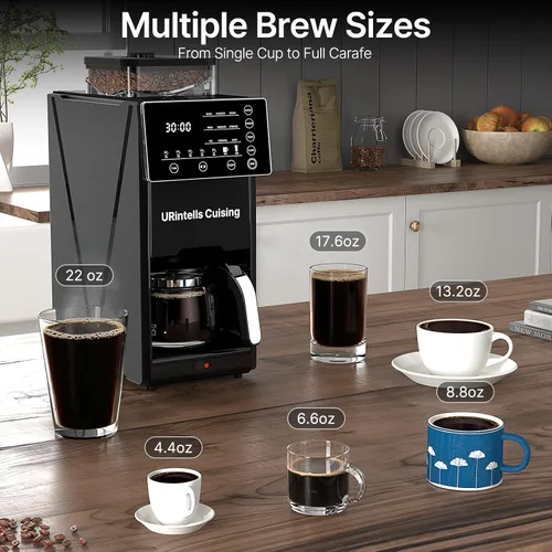 Vista 9 de Cafetera de cocina URintells con molinillo, máquina programable automática Negro mate