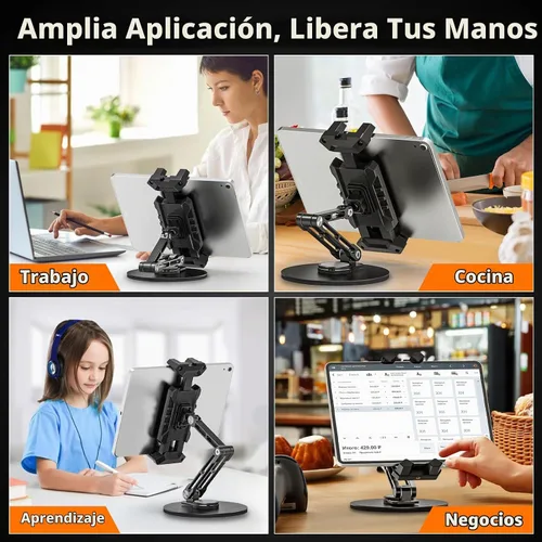 Vista 7 de Soporte para iPad, soporte de escritorio para tableta, oficina, cocina, dormitorio, base giratoria de 360°, ajustable, plegable, soporte