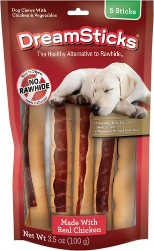 Vista 14 de DreamBone DreamSticks con sabor real a tocino y queso, palitos masticables para perros sin cuero crudo (paquete de 30)