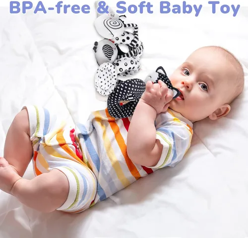 Vista 7 de XIXILAND Juguetes de peluche en espiral para bebé, juguetes de asiento de coche en blanco y negro, juguete de alto contraste para bebés recién