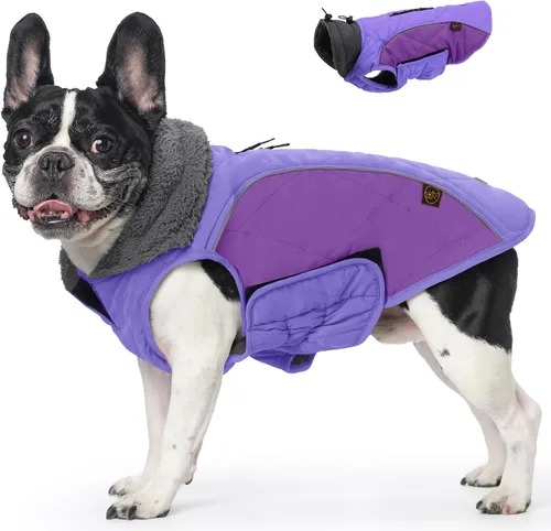 Vista 13 de EMUST Abrigos de invierno para perro, ropa de forro polar para mascotas para clima frío, estilo británico, chaqueta cálida a prueba de viento
