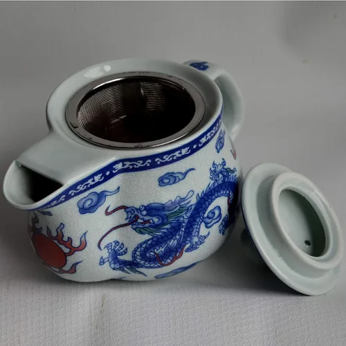 Vista 9 de Tetera infusor de alambre de filtro de acero inoxidable de dragón blanco azul de 17 oz para té suelto (olla Dragon Phoenix)