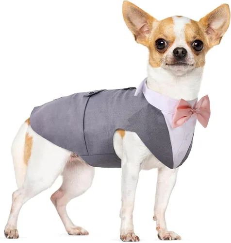 Vista 11 de PUMYPOREITY Traje de esmoquin para perro pequeño, esmoquin y bandana para gatos para Chihuahua, Boston Terrier, bichón, corgi, pomerania, 2 Negro