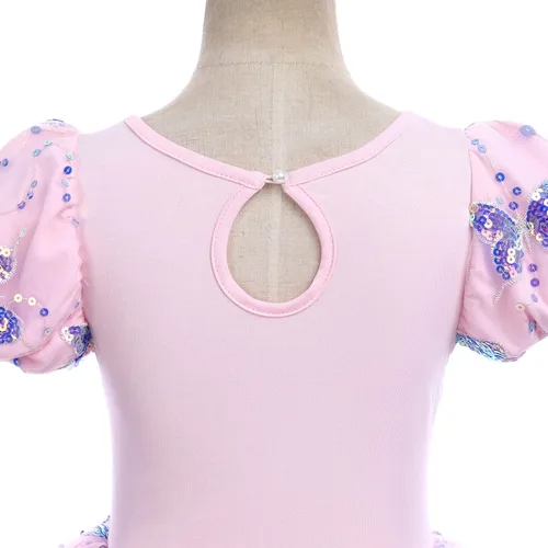 Vista 5 de Leotardos de ballet para niñas, 4 colores, mariposa, lentejuelas brillantes, vestido tutú de baile, manga abombada, ojo de cerradura en la espalda