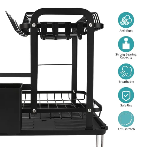 Vista 5 de Escurridor de platos, 16.5 x 11.8 x 13.6 pulgadas, colador de 2 niveles sobre el fregadero, gran capacidad con escurridor y soporte para utensilios