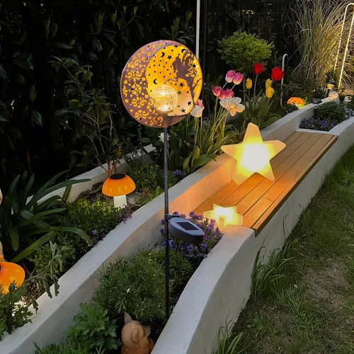 Vista 4 de Tryme Luces solares de jardín de hadas, estaca de globo de cristal con estrella de luna, luces decorativas impermeables para exteriores, patio