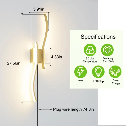 Vista 7 de Juego de 2 lámparas de pared enchufables modernas Daunton, luz de pared LED regulable dorada con control remoto, 3CCT ajustable y función