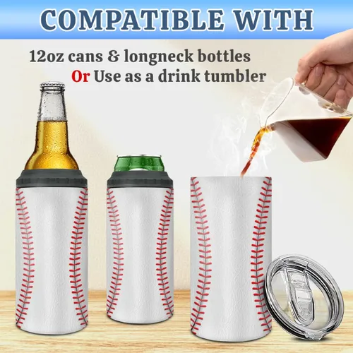 Vista 4 de winorax Vaso de béisbol 4 en 1, enfriador de latas de béisbol de acero inoxidable, vasos aislados para café, taza de viaje con tapa, vasos de regalo