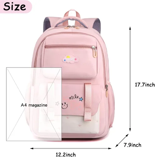 Vista 6 de Mochila para niñas y niños, bonita mochila escolar Kawaii ligera para escuela media y secundaria con bolsillo antirrobo, Negro -, Mochila escolar
