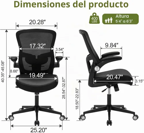 Vista 3 de Silla de oficina ergonómica de piel sintética, capacidad de peso de 400 libras, respaldo de malla transpirable, altura ajustable y brazos abatibles