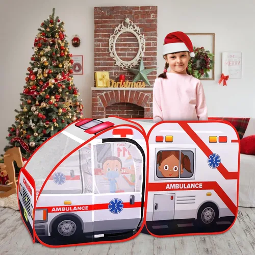 Vista 2 de Tienda de campaña desplegable de ambulancia para niños con sonidos, kit de médico y pozo de pelotas para niños pequeños y mayores, juguete