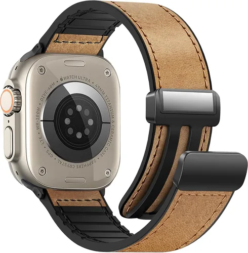 Vista 29 de Correas de cuero magnéticas compatibles con Apple Watch 42mm (Serie 10/11) 41mm 40mm 38mm para hombres y mujeres, cuero genuino con hebilla