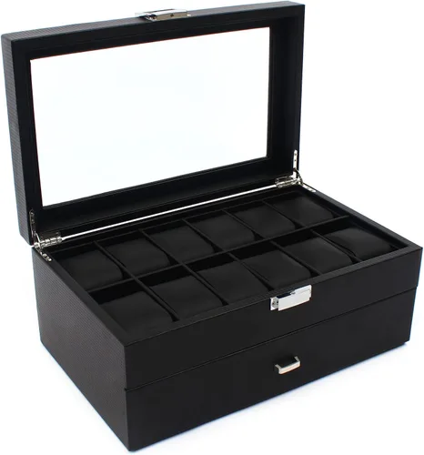 Vista 3 de Caja organizadora de reloj para hombres, 24 ranuras lujosa y masculina caja de exhibición texturizada de fibra de carbono - Parte superior de vidrio