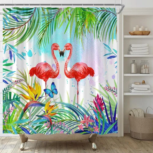 Vista 8 de Cortina de ducha con diseño de flamenco, flor tropical, hoja de palmera verde, juego de decoración de baño con ganchos
