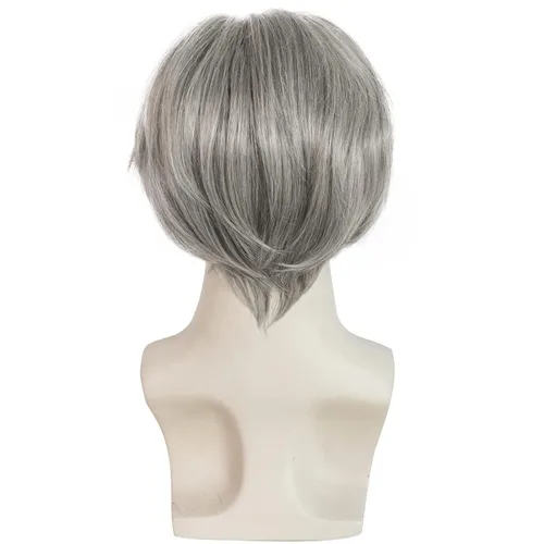 Vista 5 de Anogol Juego de 4 gorras de pelo para hombre viejo, para 100 días de escuela, disfraz de abuelo, peluca corta gris para Halloween, cosplay, fiesta