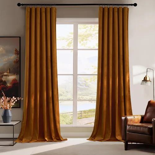 Vista 25 de RYB HOME Cortinas elegantes de terciopelo verde de 63 pulgadas de largo, bloqueo de luz, aislamiento térmico, elegantes cortinas de terciopelo