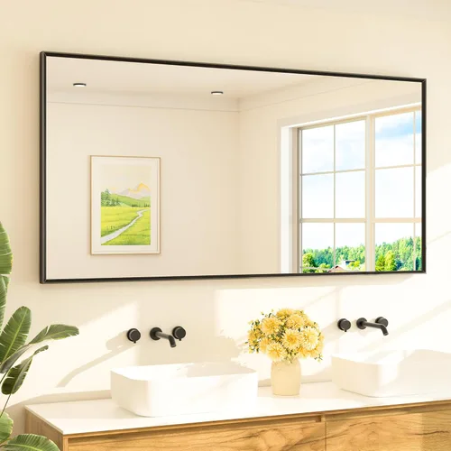 Vista 34 de TETOTE Espejo de baño dorado cepillado de 20" x 30", espejo de tocador de baño rectangular de latón dorado cepillado con marco biselado para sobre