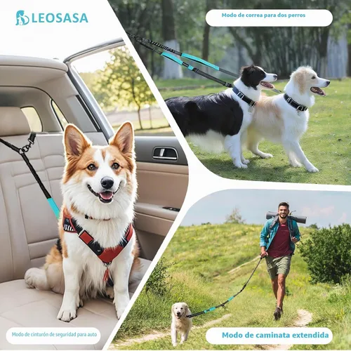 Vista 7 de Correa doble para perro, divisor sin enredos para dos perros, acoplador con cuerda de plomo larga ajustable, asas de control dual, elástico Azul