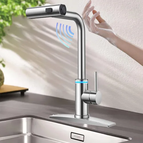 Vista 13 de Grifo de cocina táctil, rociador desplegable de 3 modos, sensor táctil activado, control de temperatura LED, rotación de 360 grados, placa de Negro