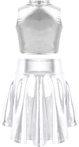 Vista 2 de FEESHOW Camiseta sin mangas metálica con lentejuelas para niñas y niños, con falda plisada, vestido de ballet para baile de jazz, hip hop, disfraces