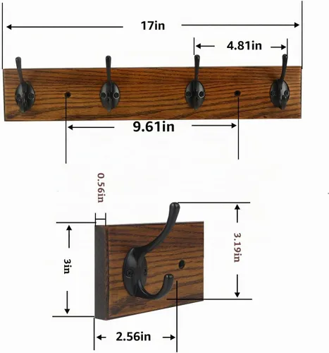Vista 2 de Perchero Montado en la Pared, Perchero de Pared con 4 Ganchos Rústicos para Abrigos, Riel de Perchero de Madera de Fresno de 17" para Entrada