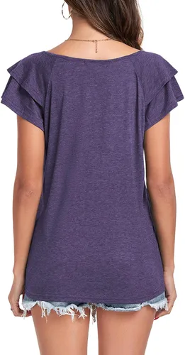 Vista 5 de Poetsky Camisas de verano para mujer, estilo casual, cuello en V, manga corta, ajuste holgado