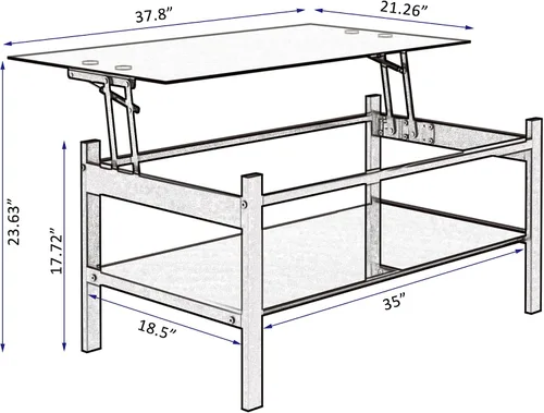 Vista 2 de Mesa de centro negra elevable, moderna mesa central pequeña de vidrio templado de 2 capas con almacenamiento, mesa auxiliar ajustable de 37.8