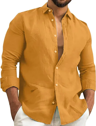 Vista 4 de Camisa de algodón y lino para hombre, manga larga, cuello liso, con botones, camiseta casual para playa y verano AG